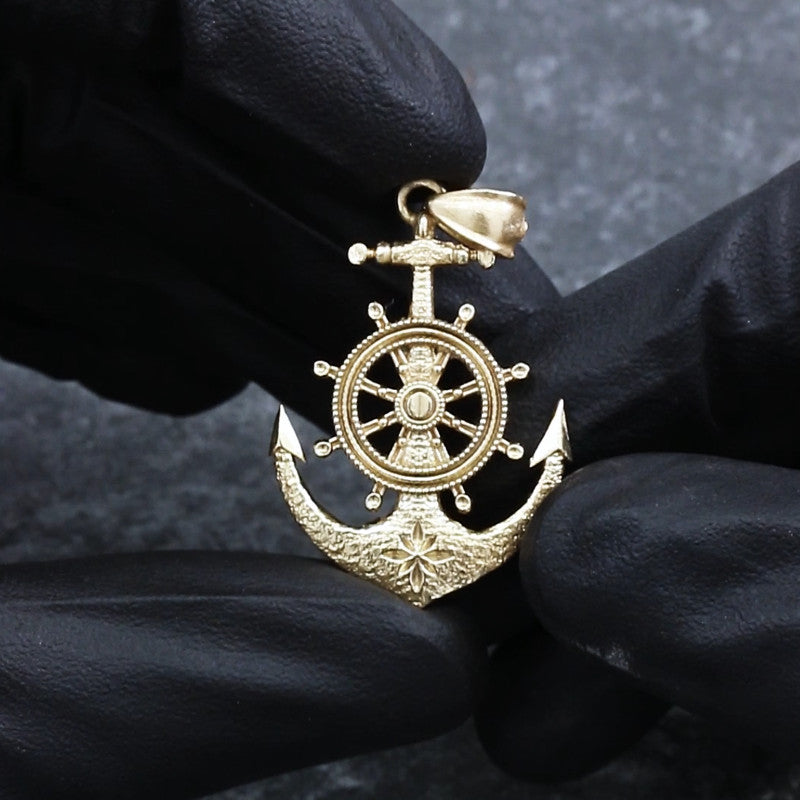 14k Yellow Gold Texture Ship Anchor Pendant