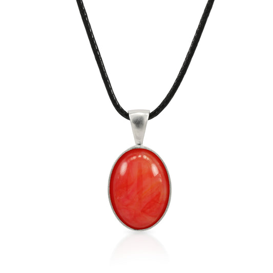 925 Sterling Silver Fiery Red Simulated Oval Cabochon Necklace