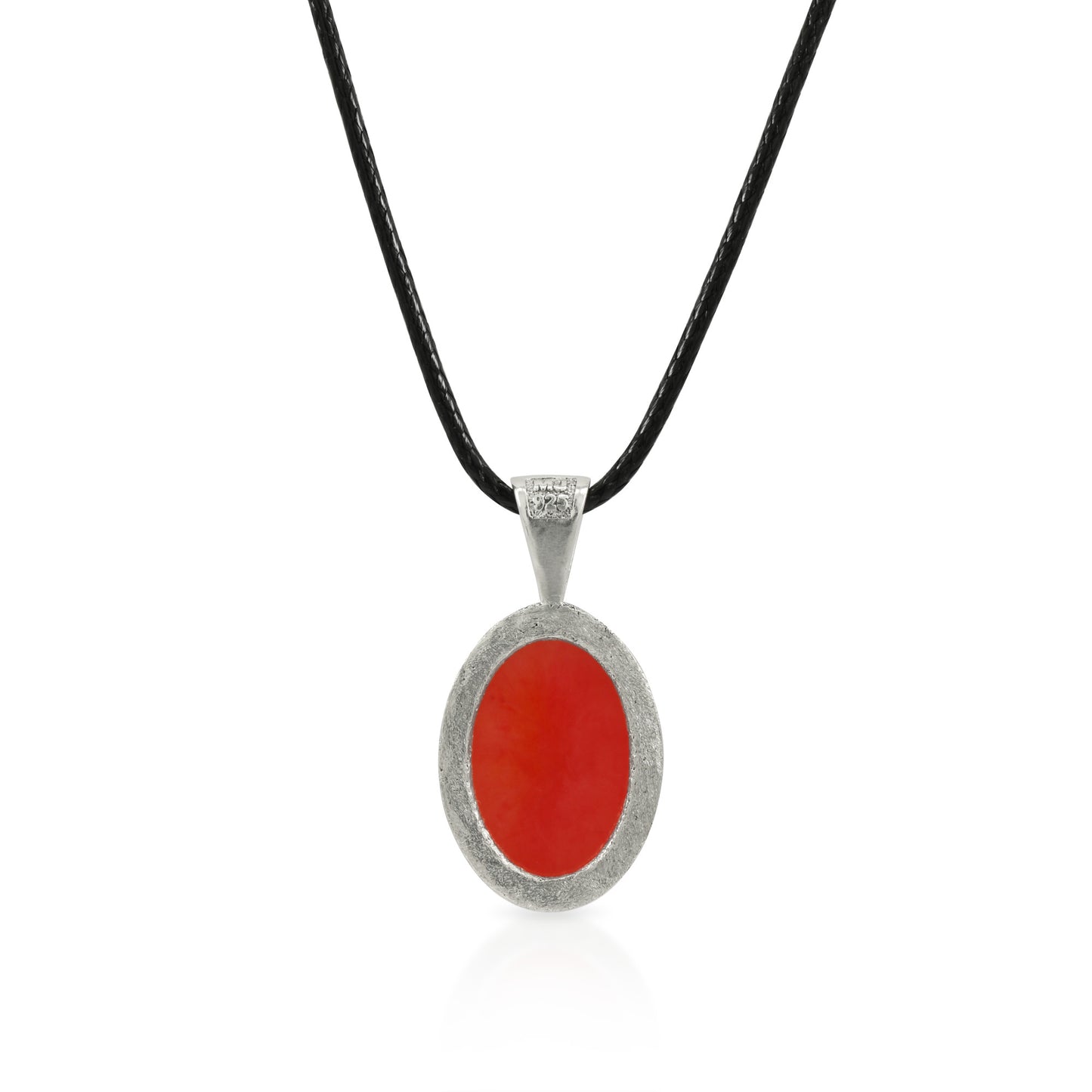 925 Sterling Silver Fiery Red Simulated Oval Cabochon Necklace