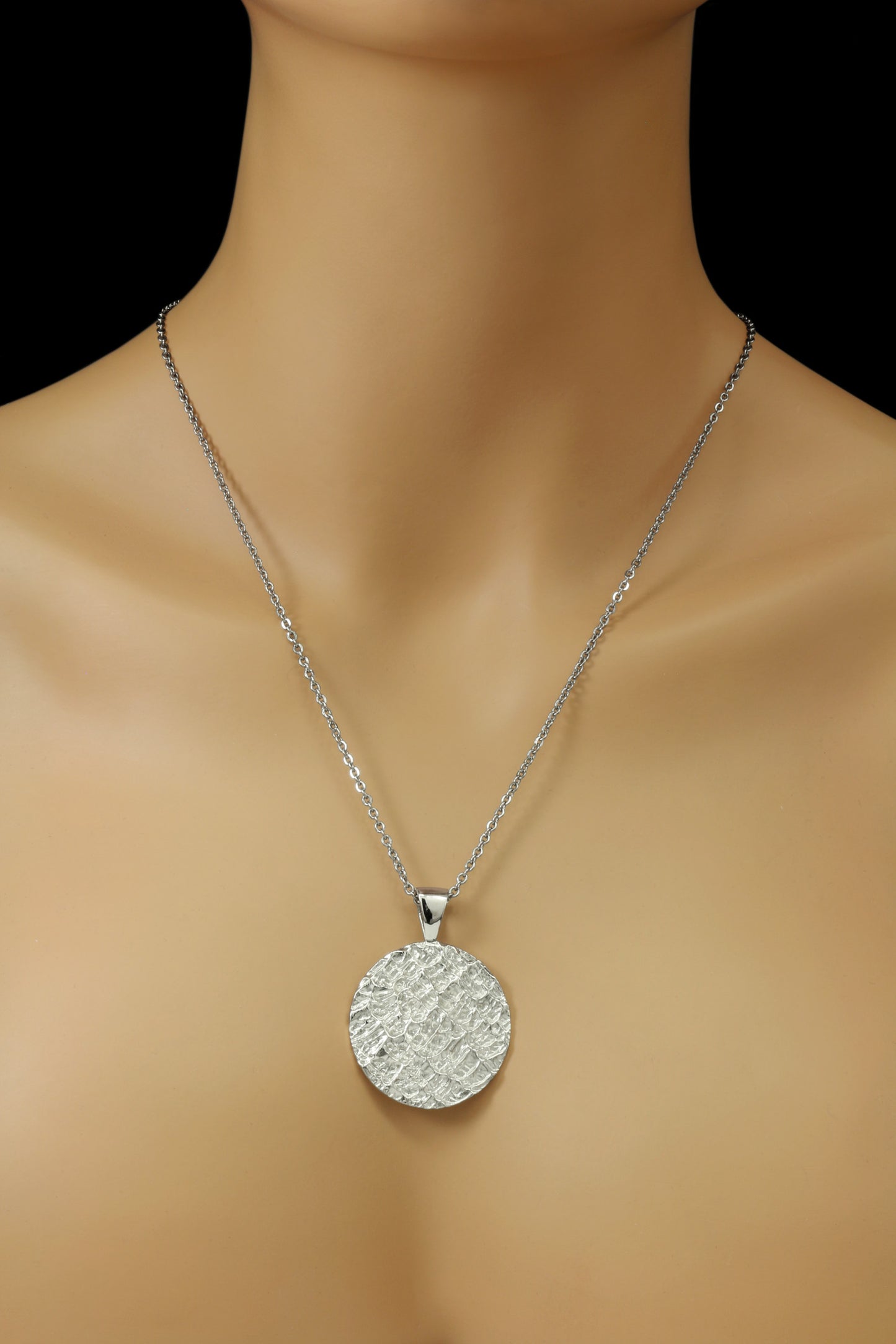 Wave Pattern Textured Disc Pendant (Double Sided / Reversible) With 22" Hypoallergenic Cable Chain Necklace