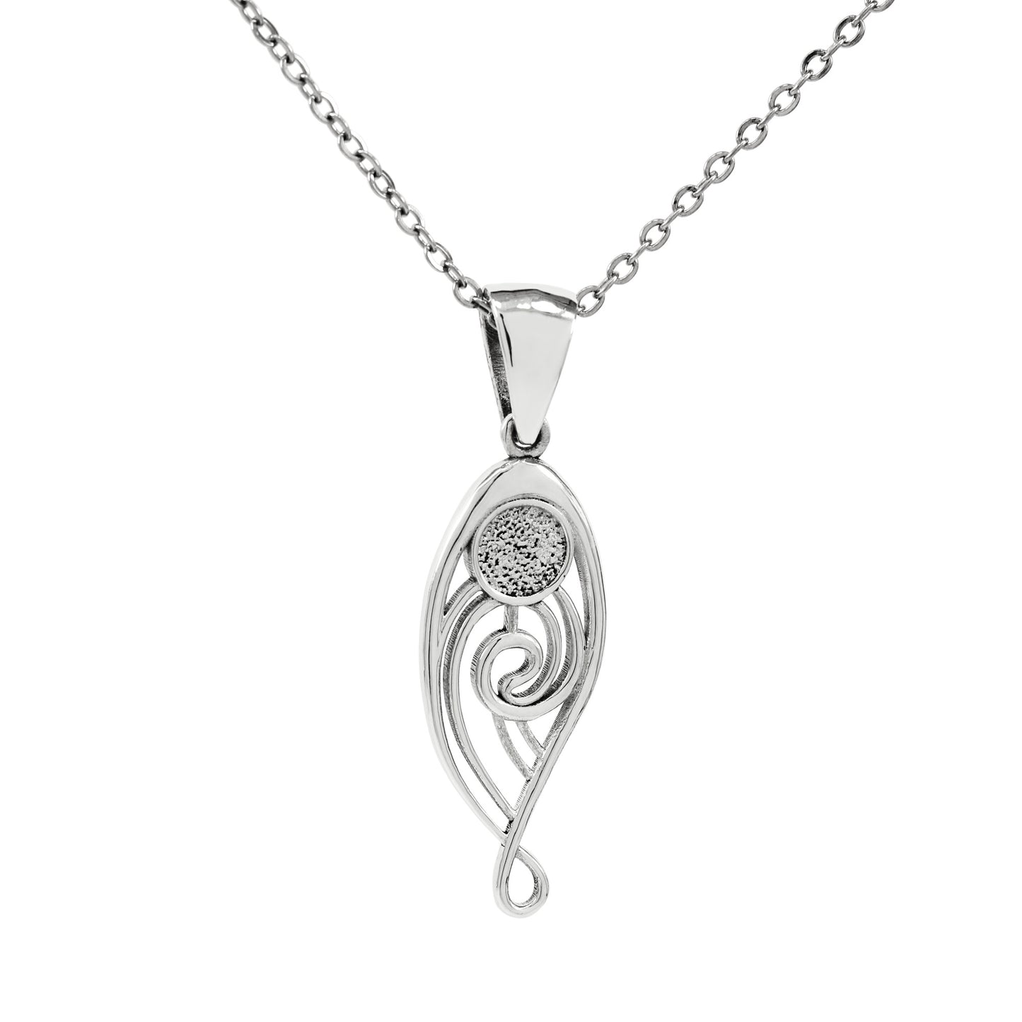 925 Sterling Silver Abstract Teardrop Spiral Scroll Pendant With 22" Hypoallergenic Cable Chain Necklace