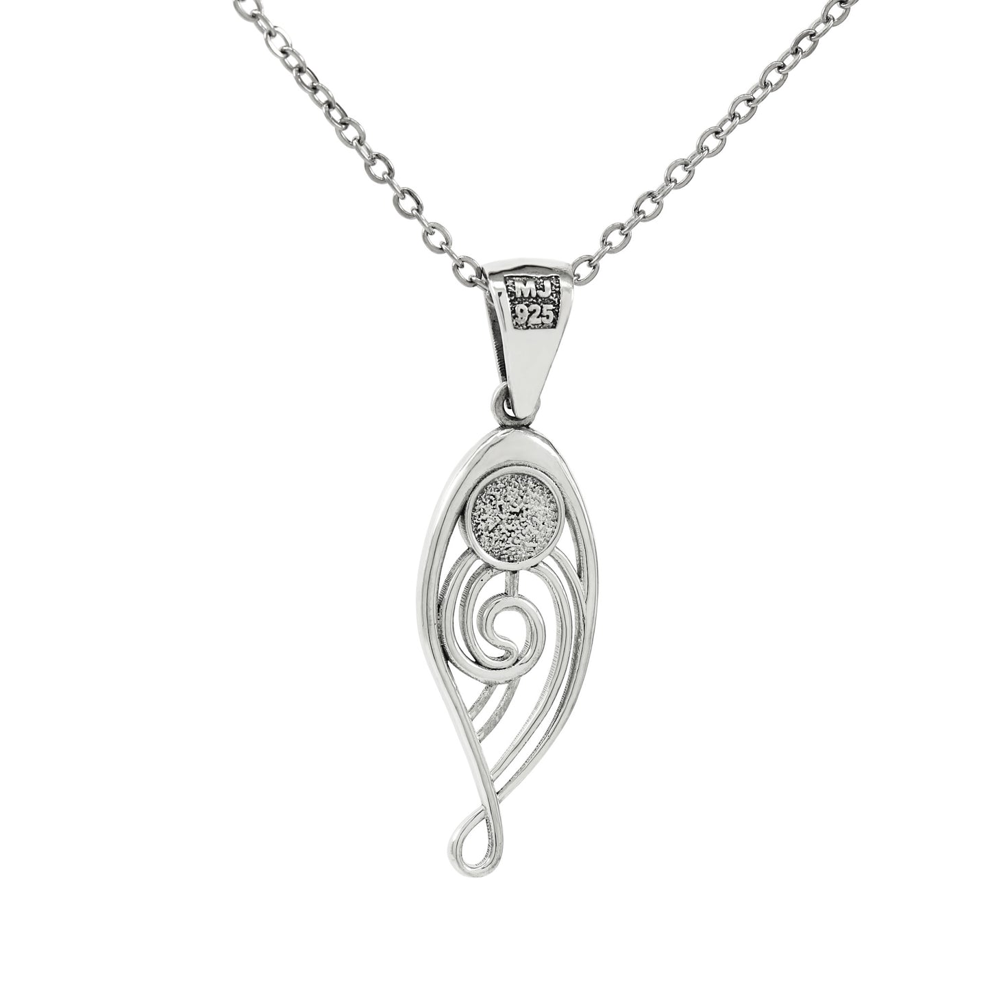 925 Sterling Silver Abstract Teardrop Spiral Scroll Pendant With 22" Hypoallergenic Cable Chain Necklace