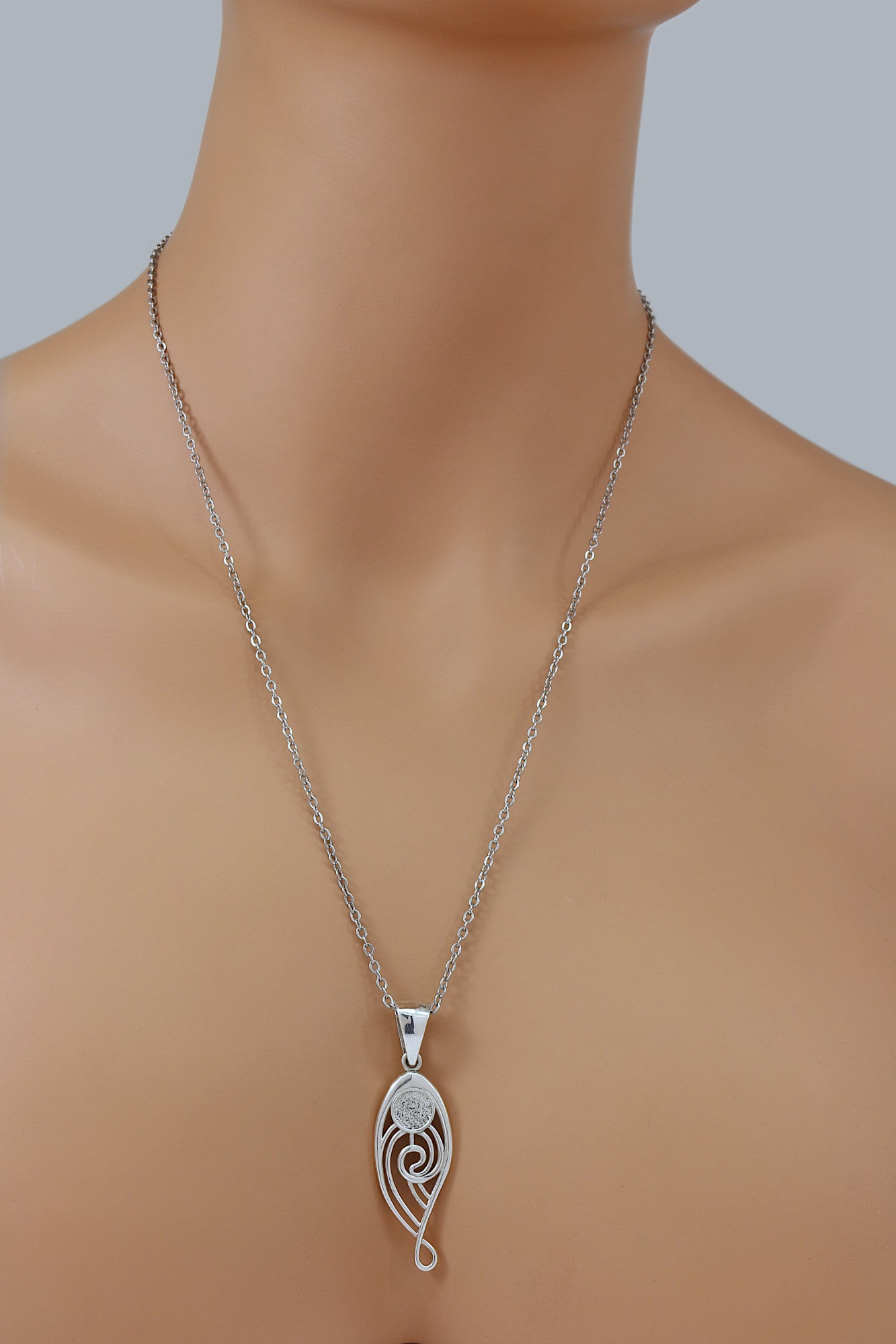 925 Sterling Silver Abstract Teardrop Spiral Scroll Pendant With 22" Hypoallergenic Cable Chain Necklace