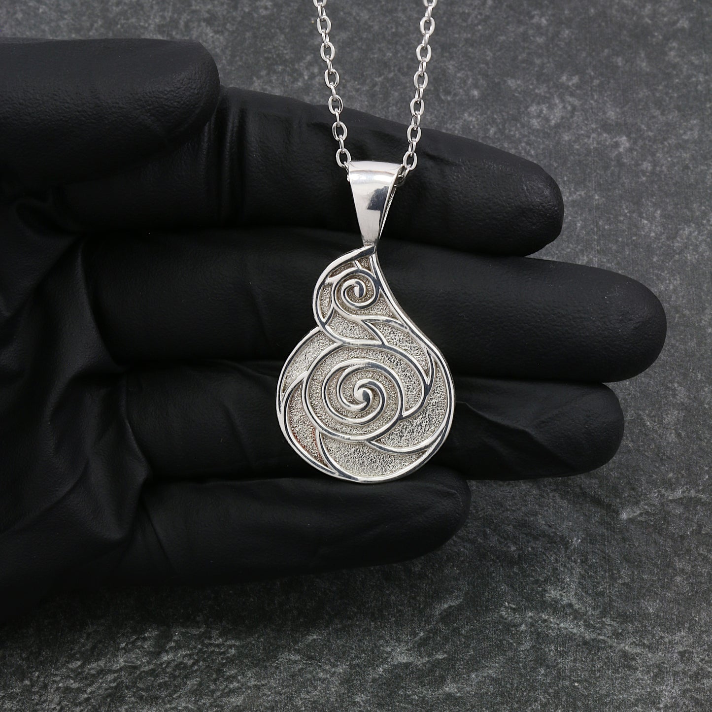 925 Sterling Silver Abstract Teardrop and Circular Textured Scroll Pendant With 22" Hypoallergenic Cable Chain Necklace