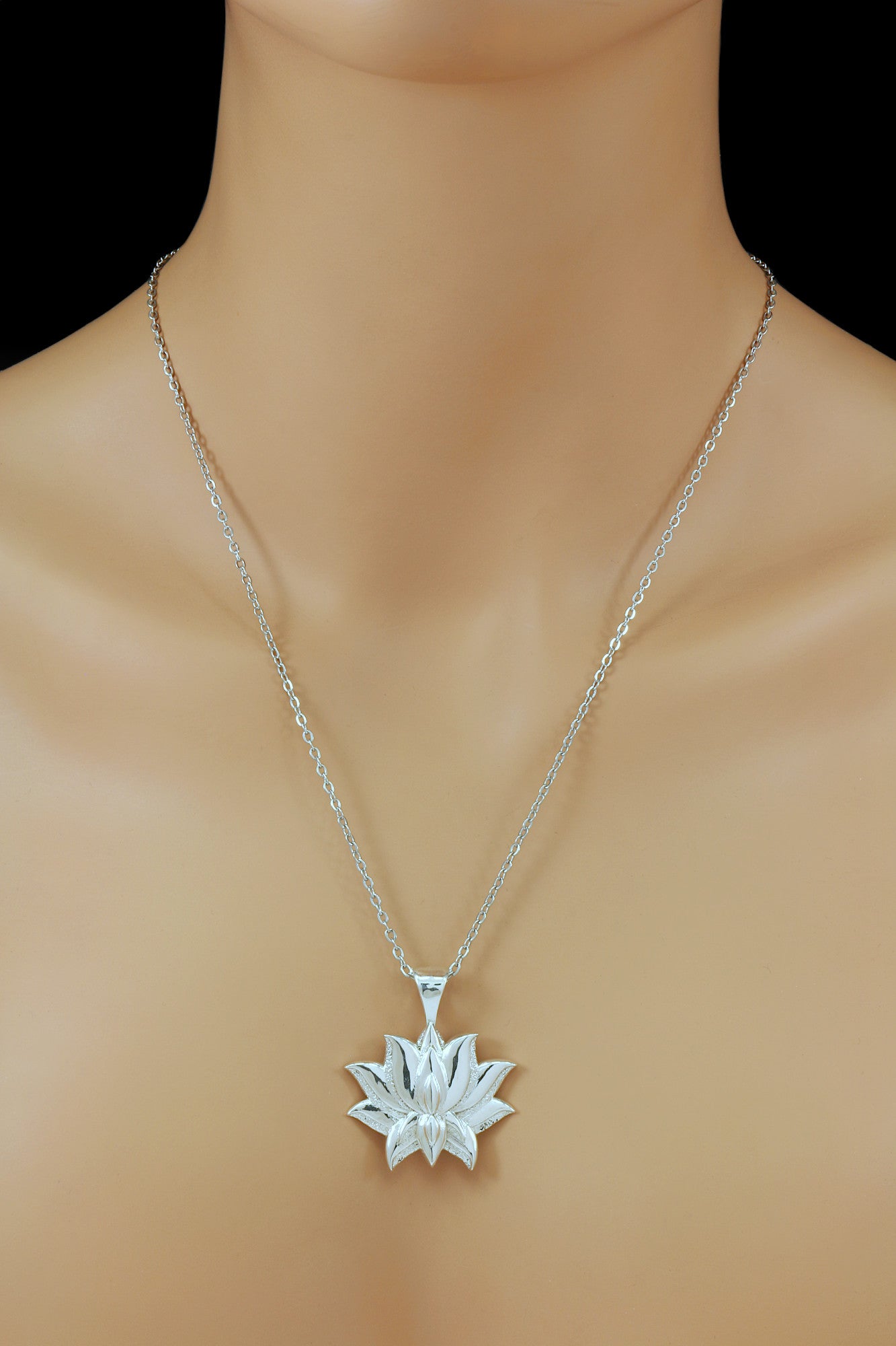 925 Sterling Silver Lotus Flower Pendant With With 22" Hypoallergenic Cable Chain Necklace