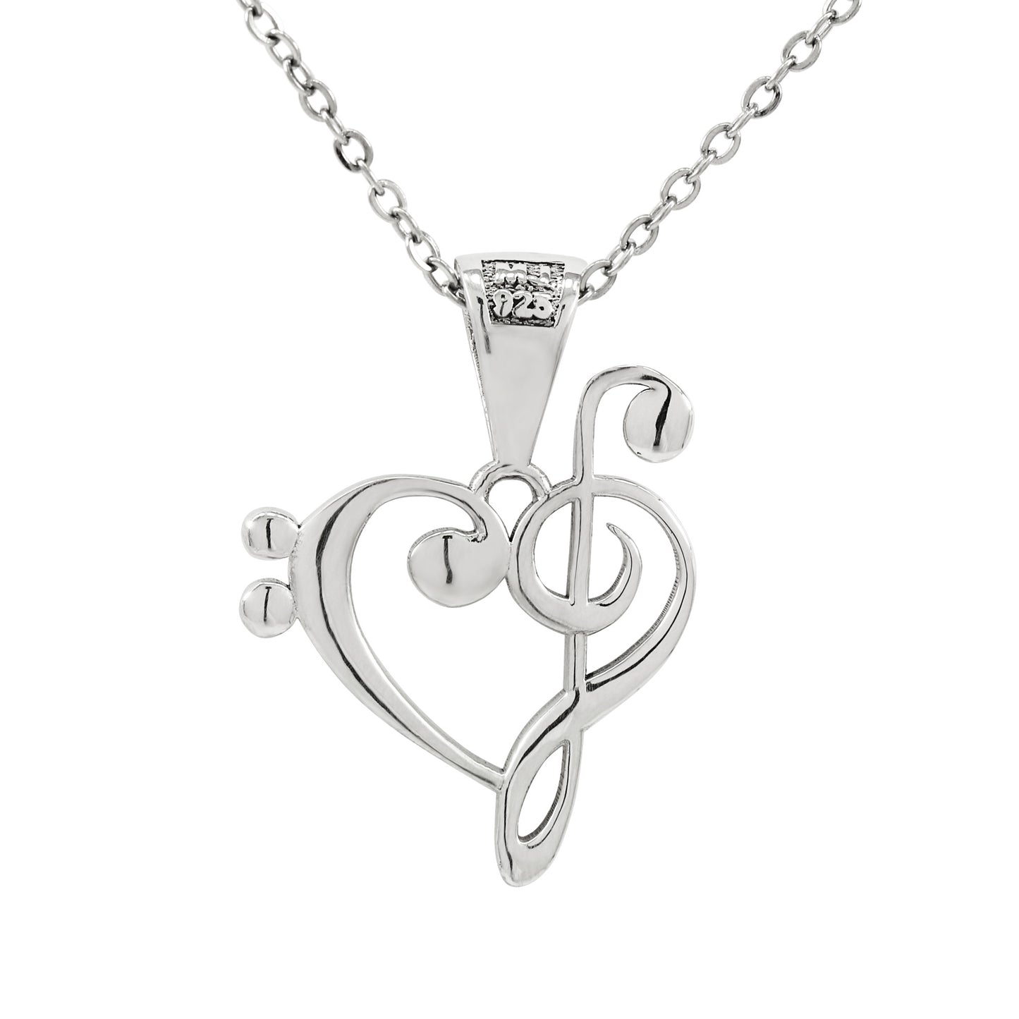 .925 Sterling Silver Treble and Bass Clef Heart Pendant With 22" Hypoallergenic Cable Chain Necklace