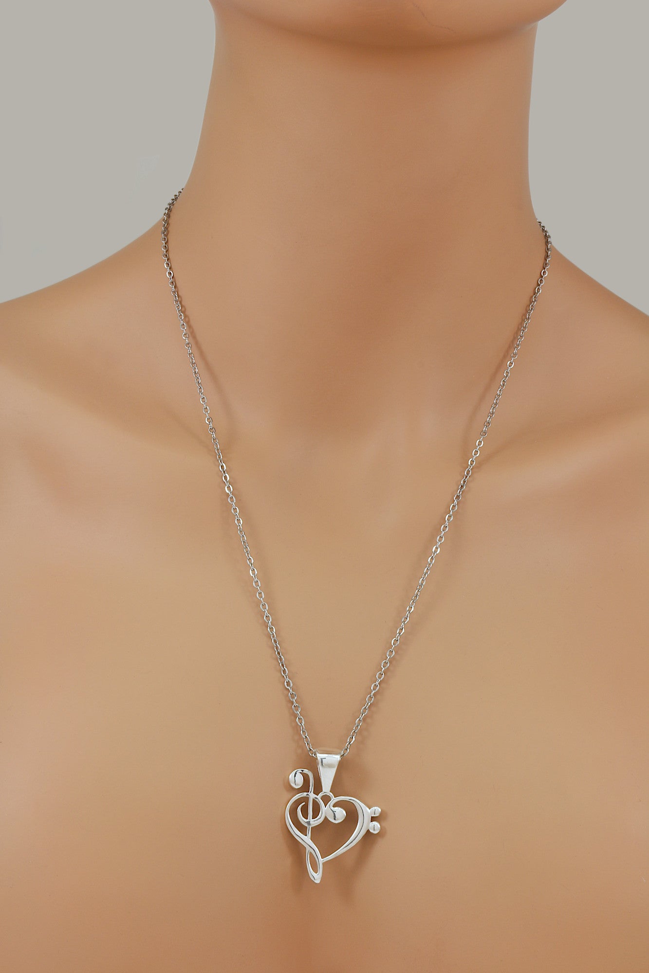 .925 Sterling Silver Treble and Bass Clef Heart Pendant With 22" Hypoallergenic Cable Chain Necklace
