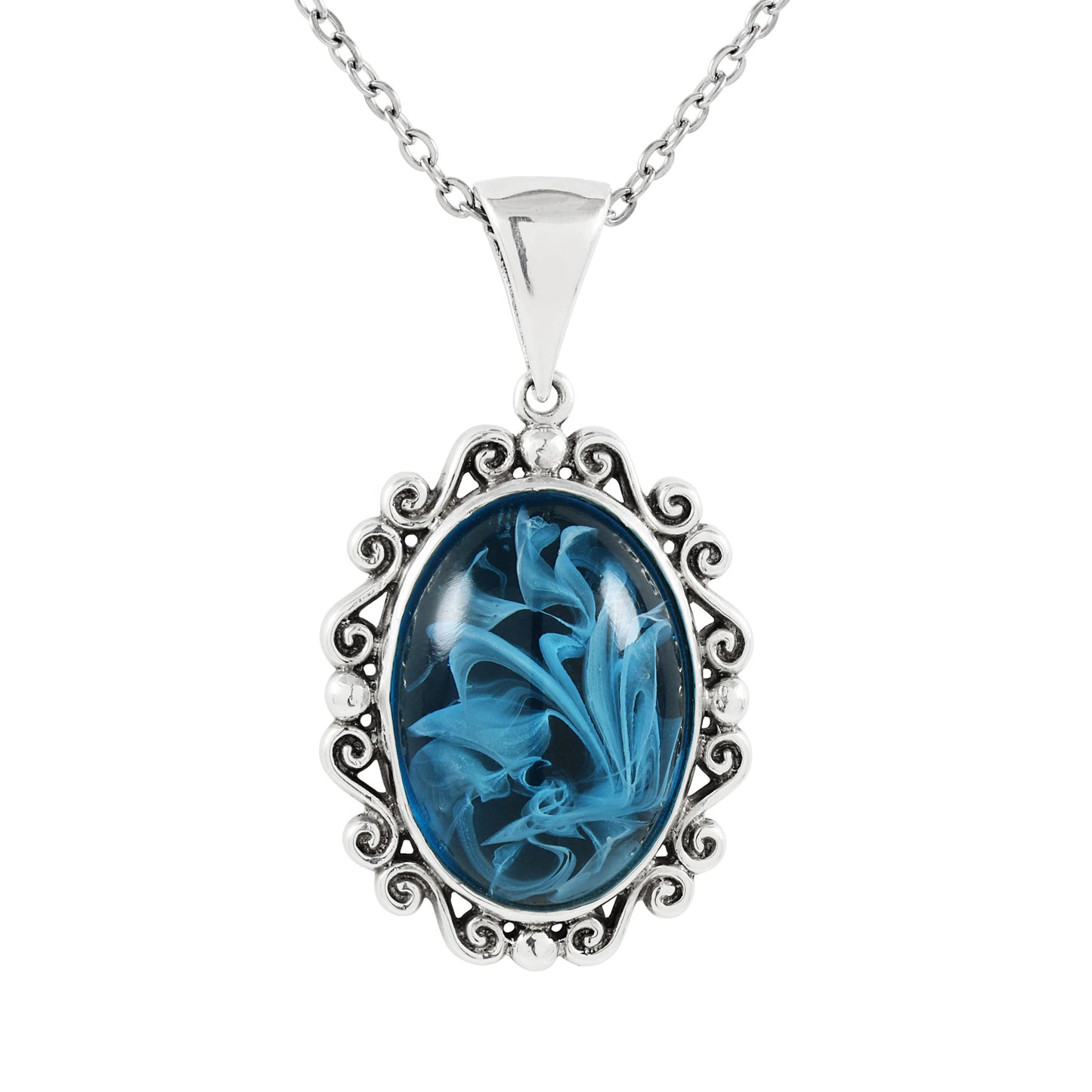 925 Sterling Silver Simulate Oval Cabochon Vintage Style Scroll Pendant With 22" Hypoallergenic Cable Chain Necklace