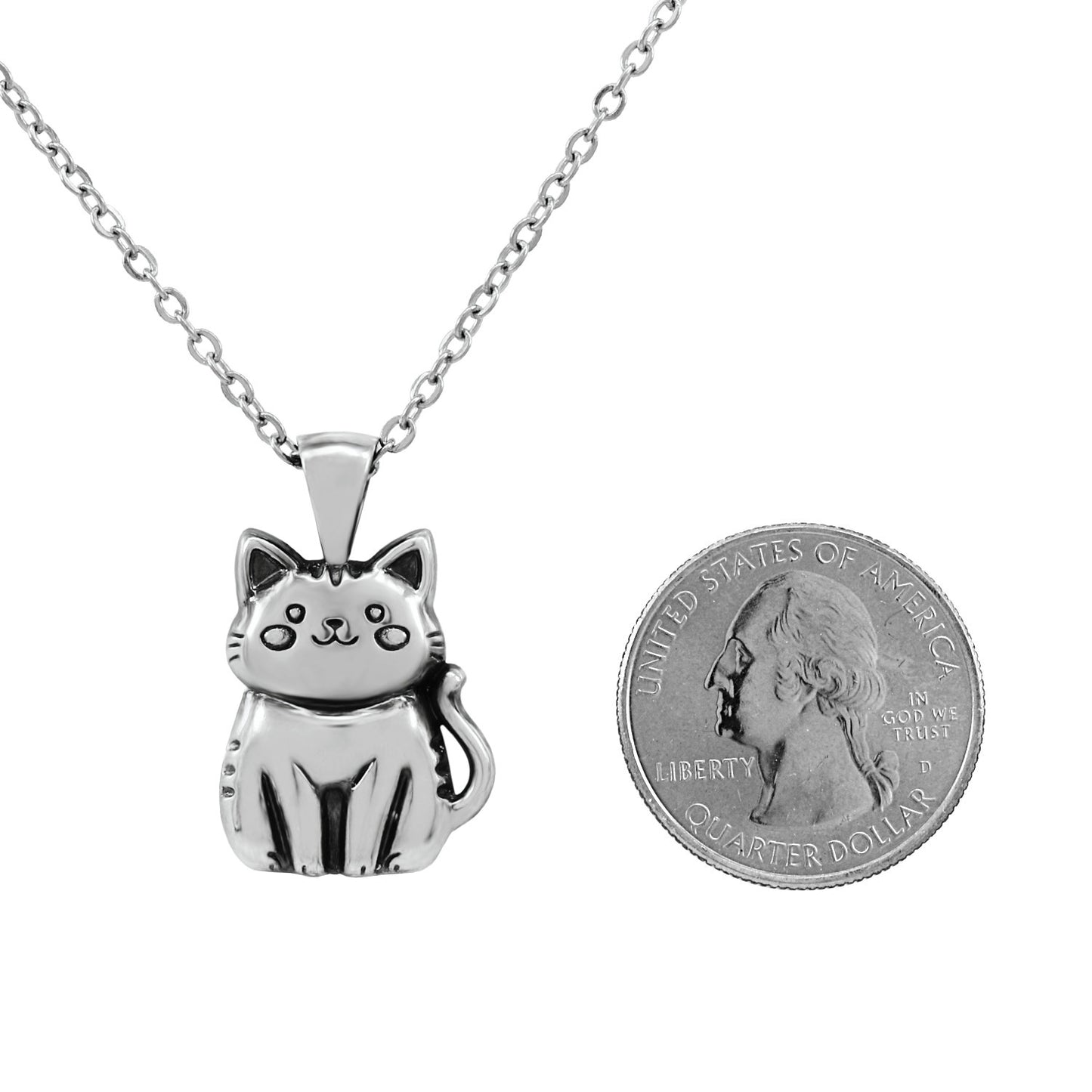 925 Sterling Silver Smiling Cat Pendant With 22" Hypoallergenic Cable Chain Necklace