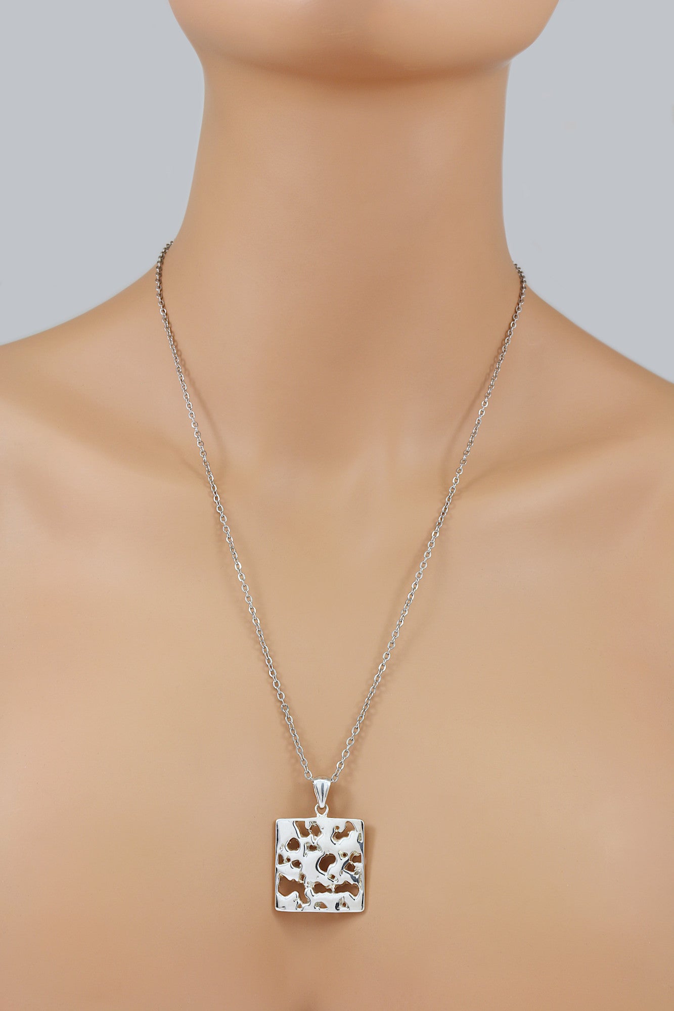 925 Sterling Silver Square Free Form Nugget Pendant With 22" Hypoallergenic Cable Chain Necklace
