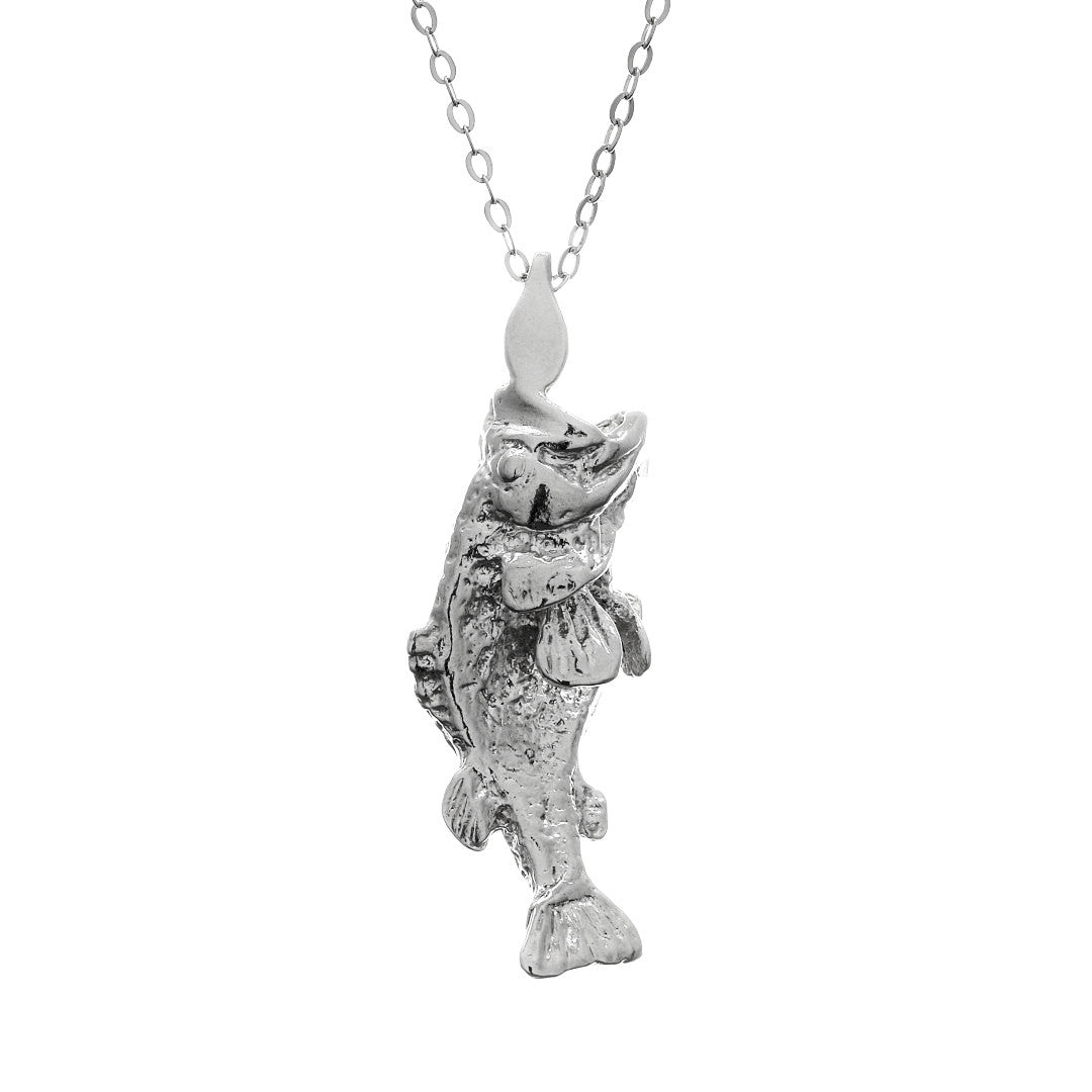 .925 Sterling Silver Large Mouth Bass Necklace With 22" Hypoallergenic Cable Chain Necklace