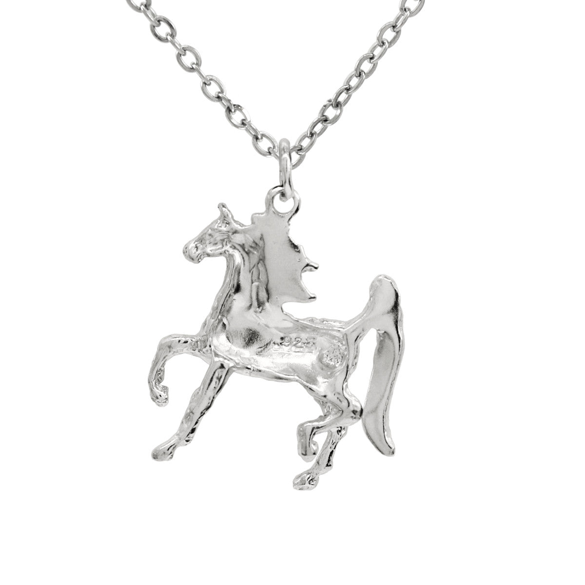925 Sterling Silver Trotting Horse Pendant With 22" Hypoallergenic Cable Chain Necklace
