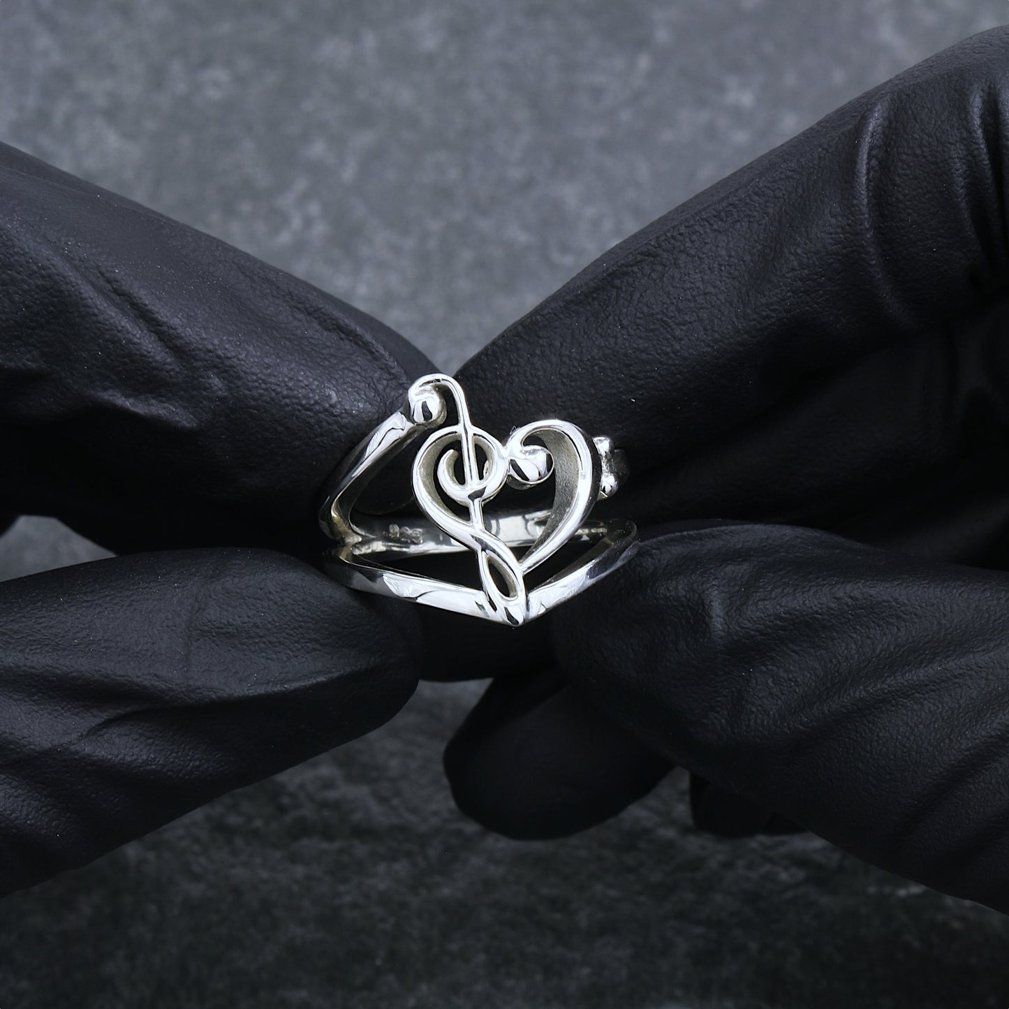 .925 Sterling Silver Treble and Bass Clef Heart Ring