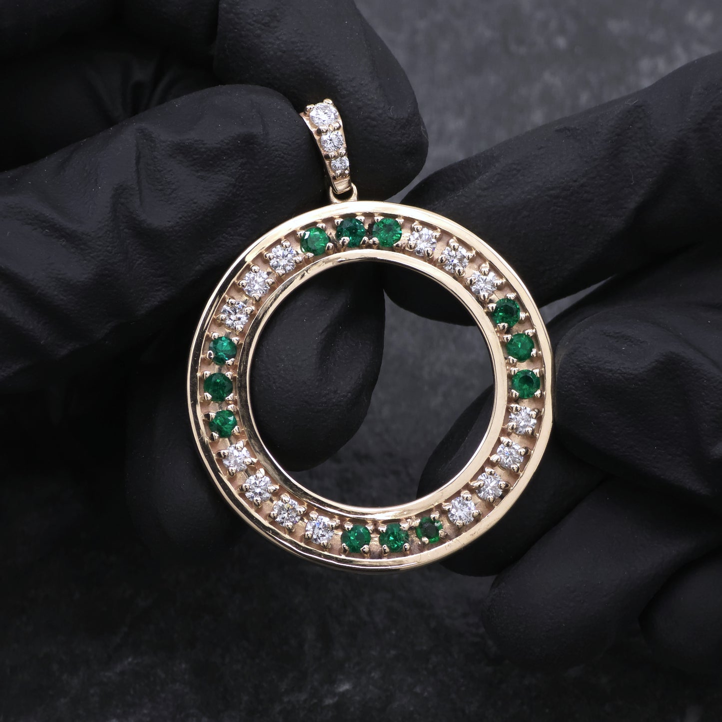 14k Yellow Gold Diamond and Emerald Custom Coin Bezel Pendant