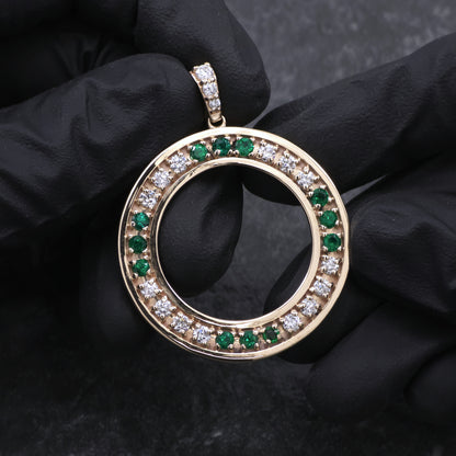 14k Yellow Gold Diamond and Emerald Custom Coin Bezel Pendant