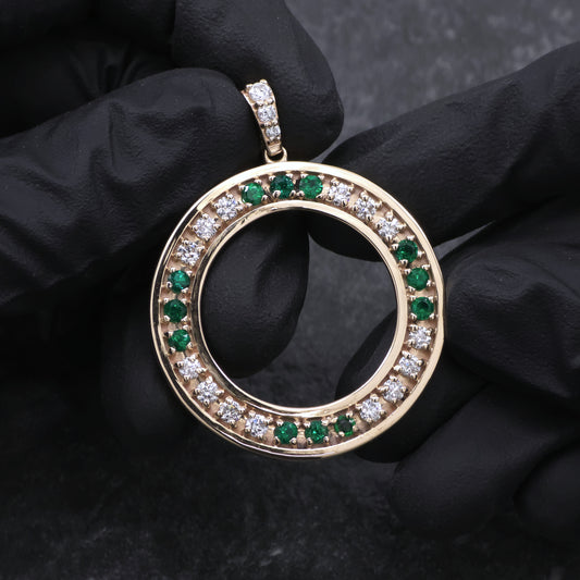 14k Yellow Gold Diamond and Emerald Custom Coin Bezel Pendant