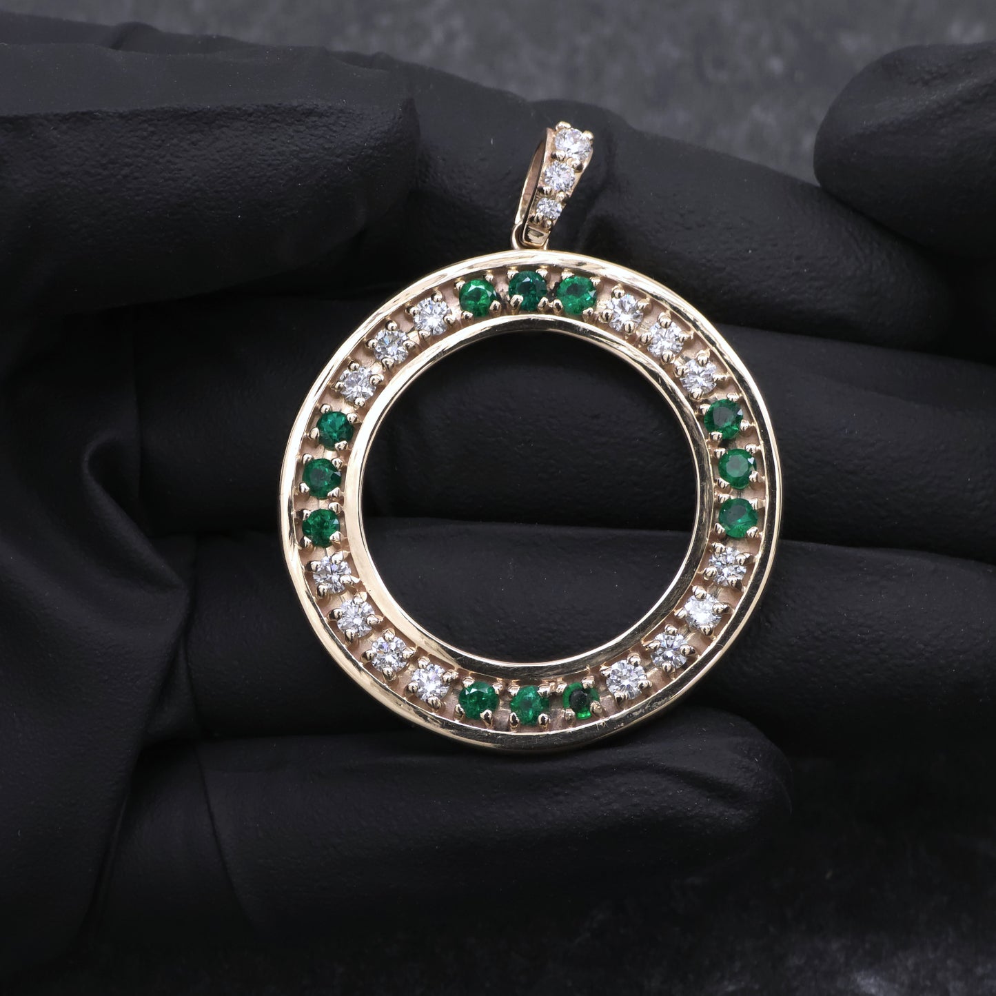 14k Yellow Gold Diamond and Emerald Custom Coin Bezel Pendant