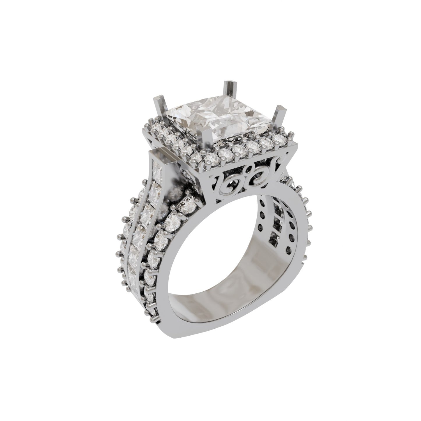 High Cathedral Princess and Round Diamond Ring 3d Model