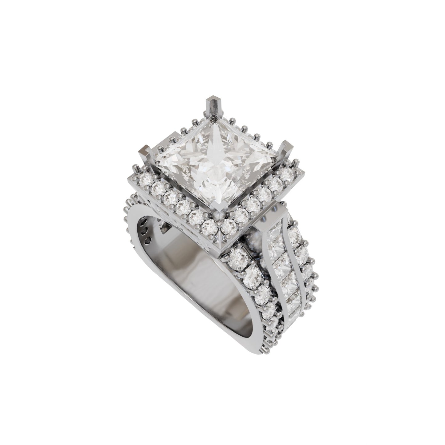 High Cathedral Princess and Round Diamond Ring 3d Model