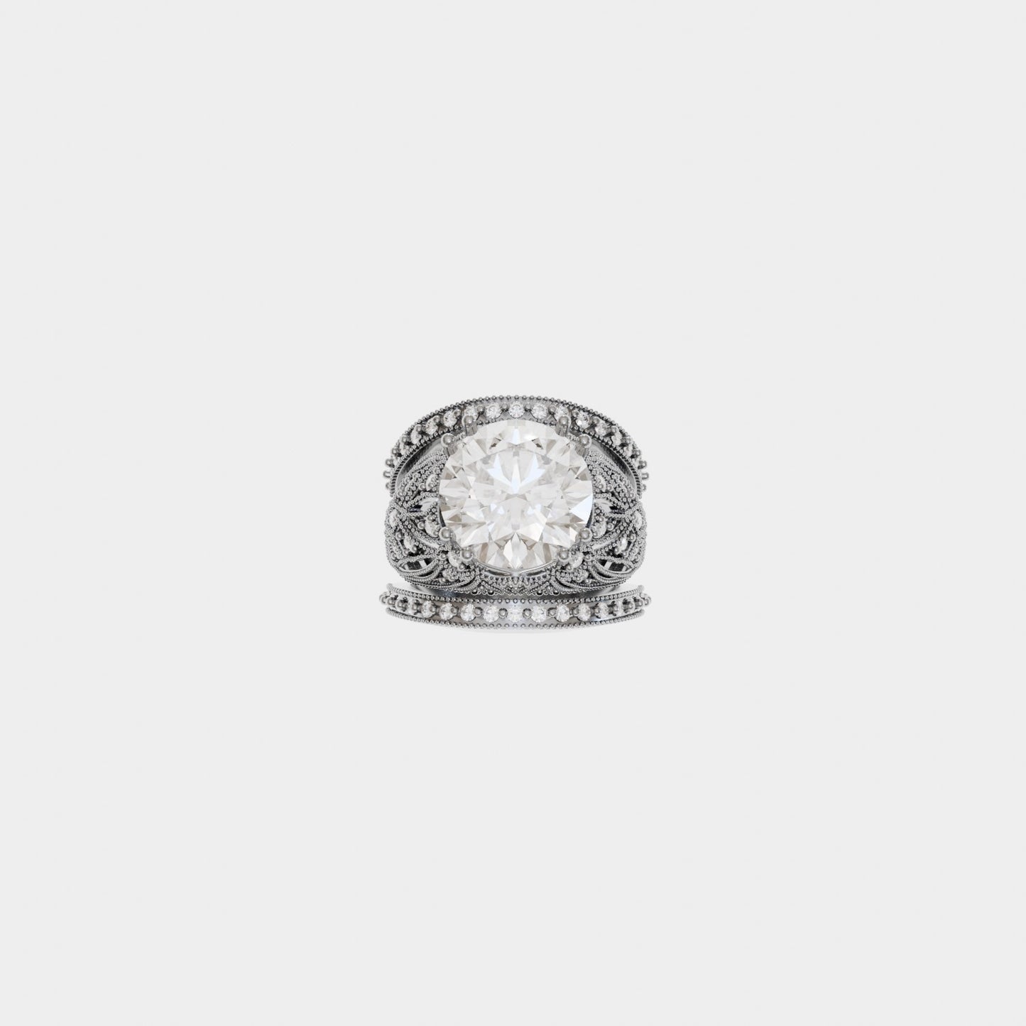 14k White Gold Faux Antique High Fashion Diamond Wedding Set