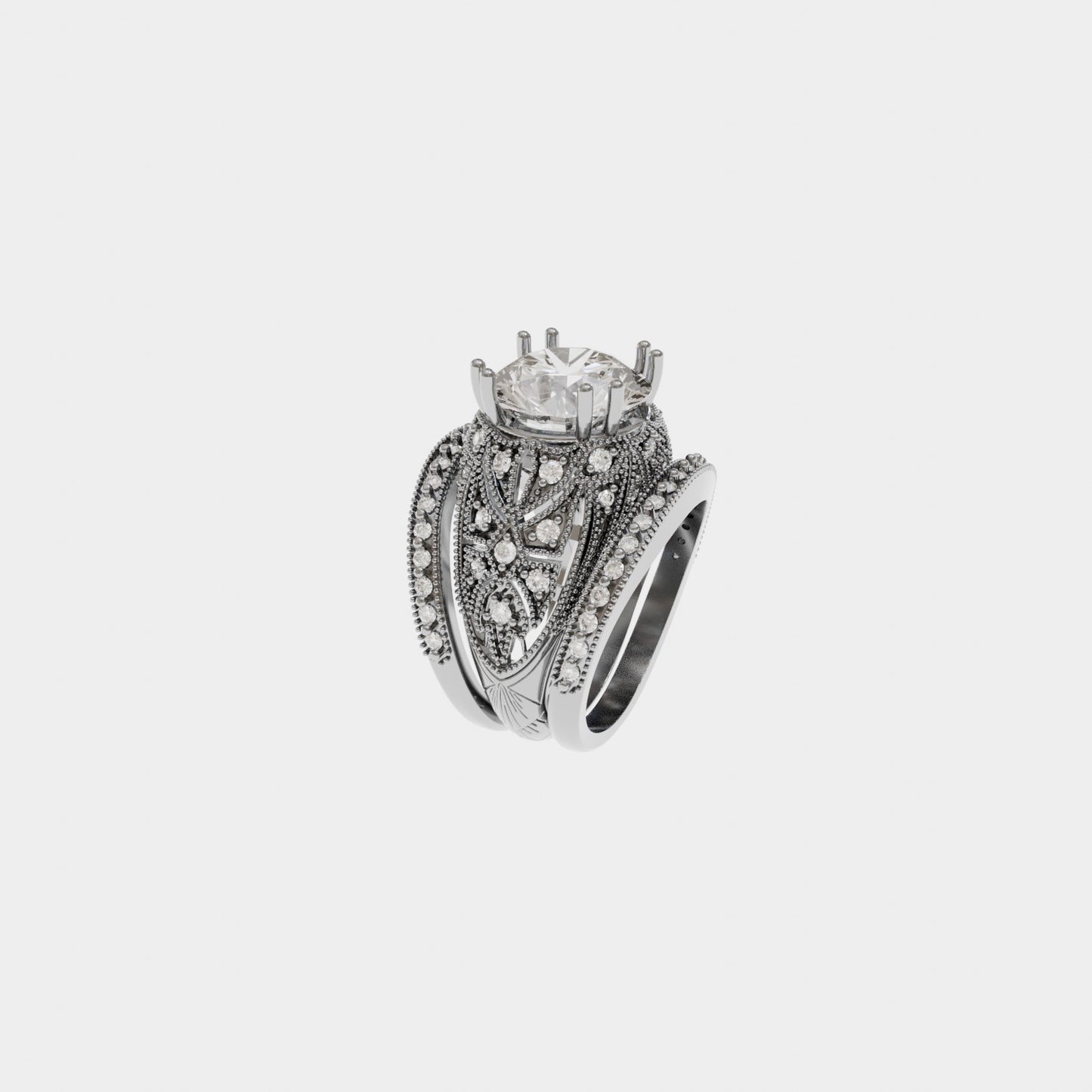 14k White Gold Faux Antique High Fashion Diamond Wedding Set