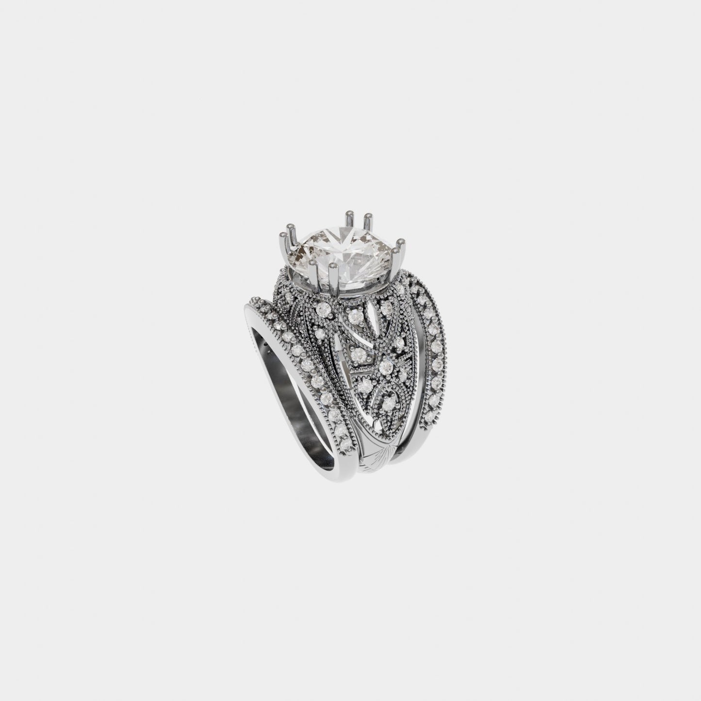 14k White Gold Faux Antique High Fashion Diamond Wedding Set