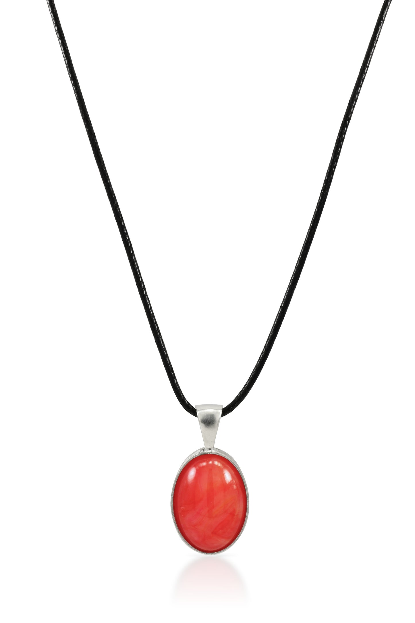 925 Sterling Silver Fiery Red Simulated Oval Cabochon Necklace