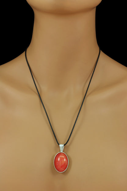 925 Sterling Silver Fiery Red Simulated Oval Cabochon Necklace