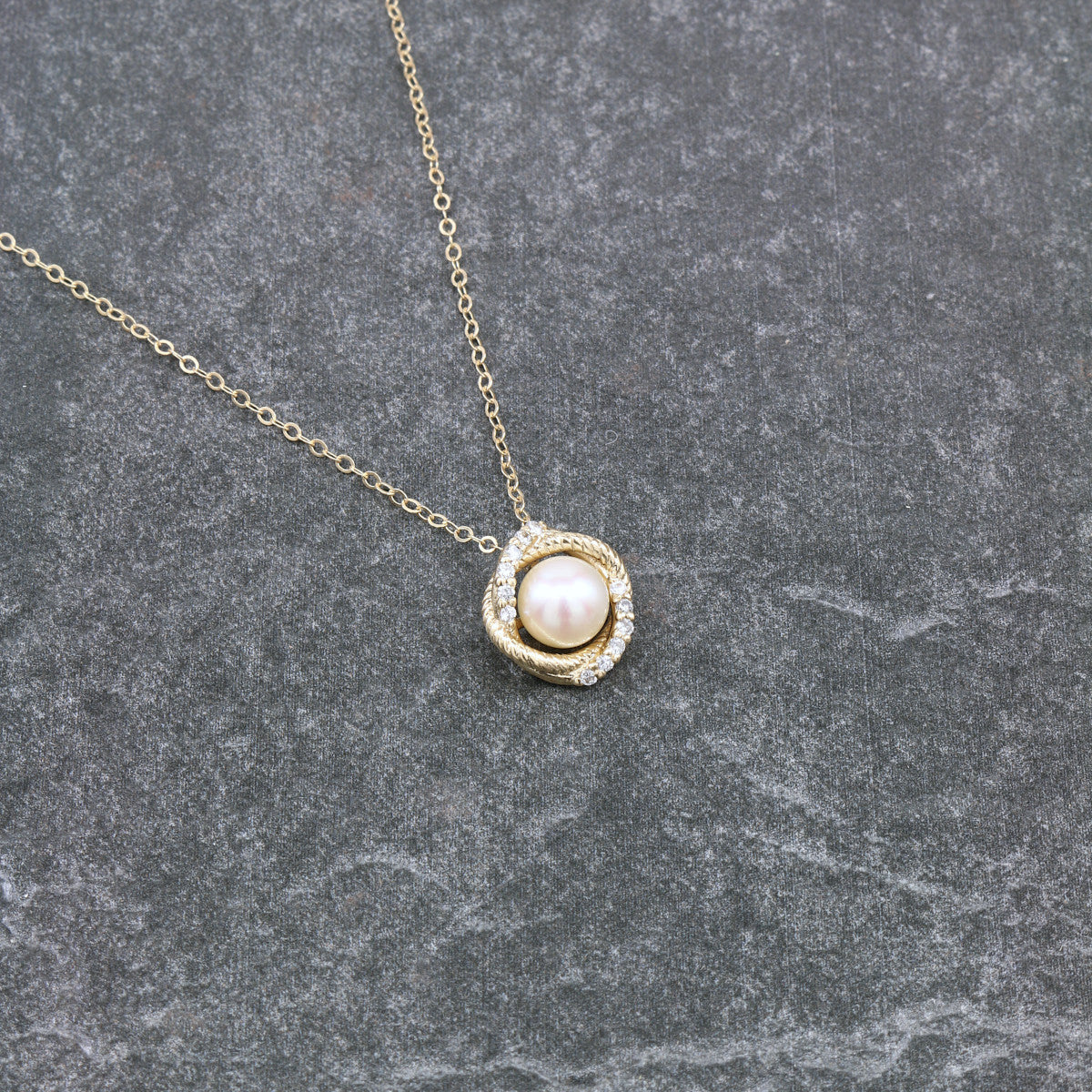 Custom Made 14k Yellow Gold Pearl and Diamond Necklace