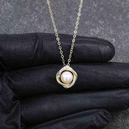Custom Made 14k Yellow Gold Pearl and Diamond Necklace
