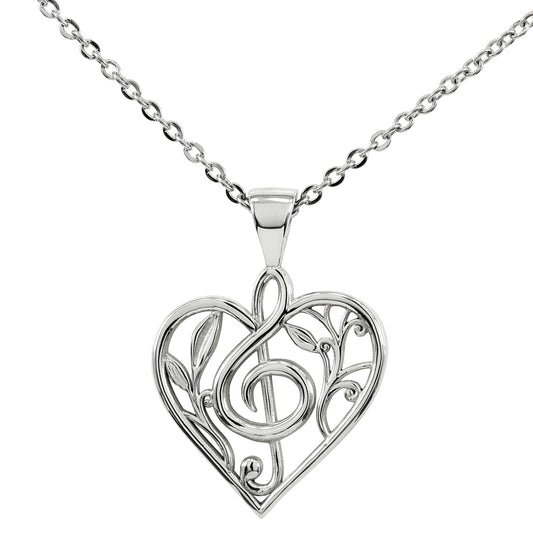 Floral Treble Clef Heart Pendant With 22" Hypoallergenic Cable Chain Necklace