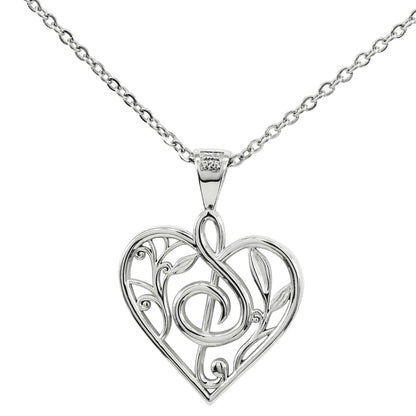 Floral Treble Clef Heart Pendant With 22" Hypoallergenic Cable Chain Necklace