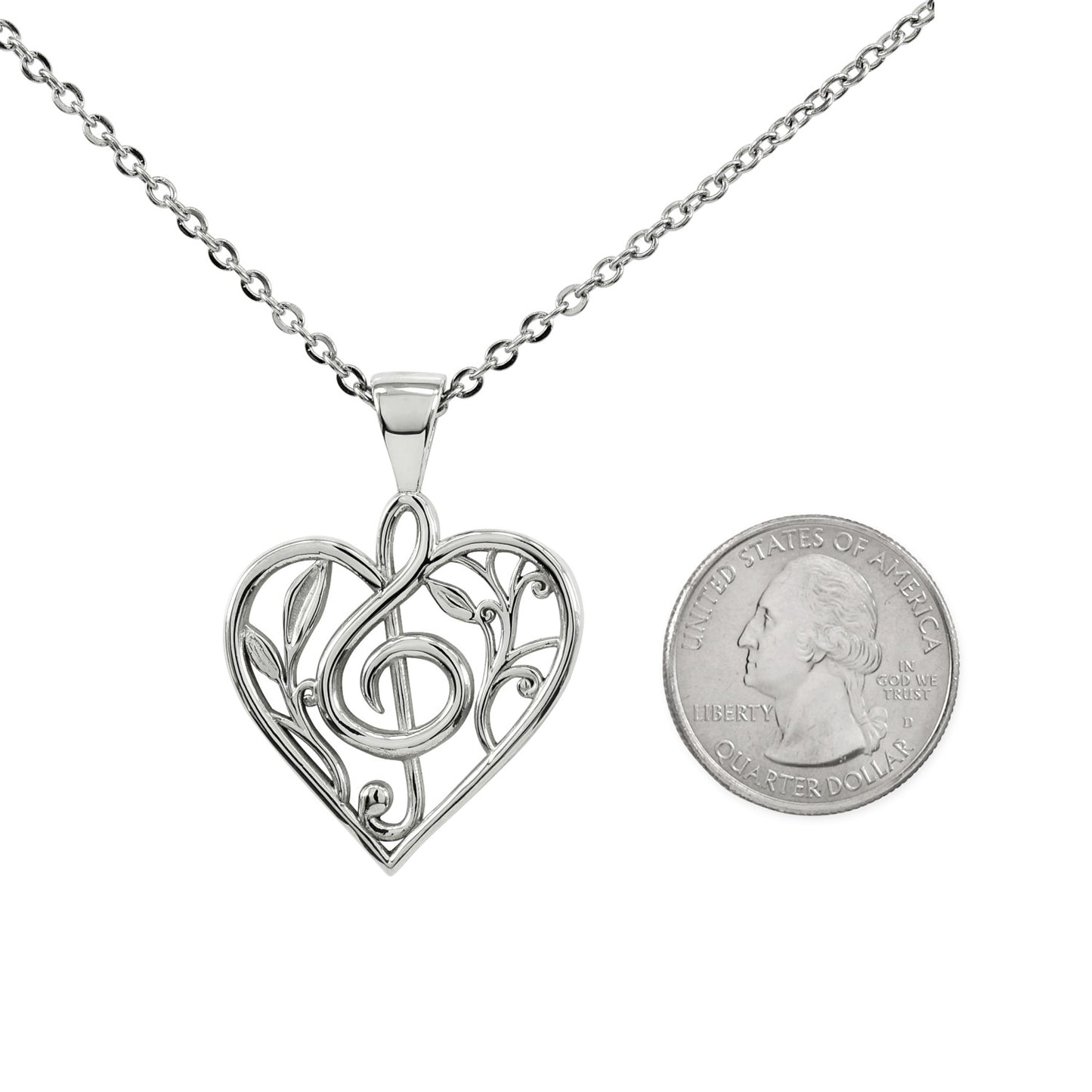 Floral Treble Clef Heart Pendant With 22" Hypoallergenic Cable Chain Necklace