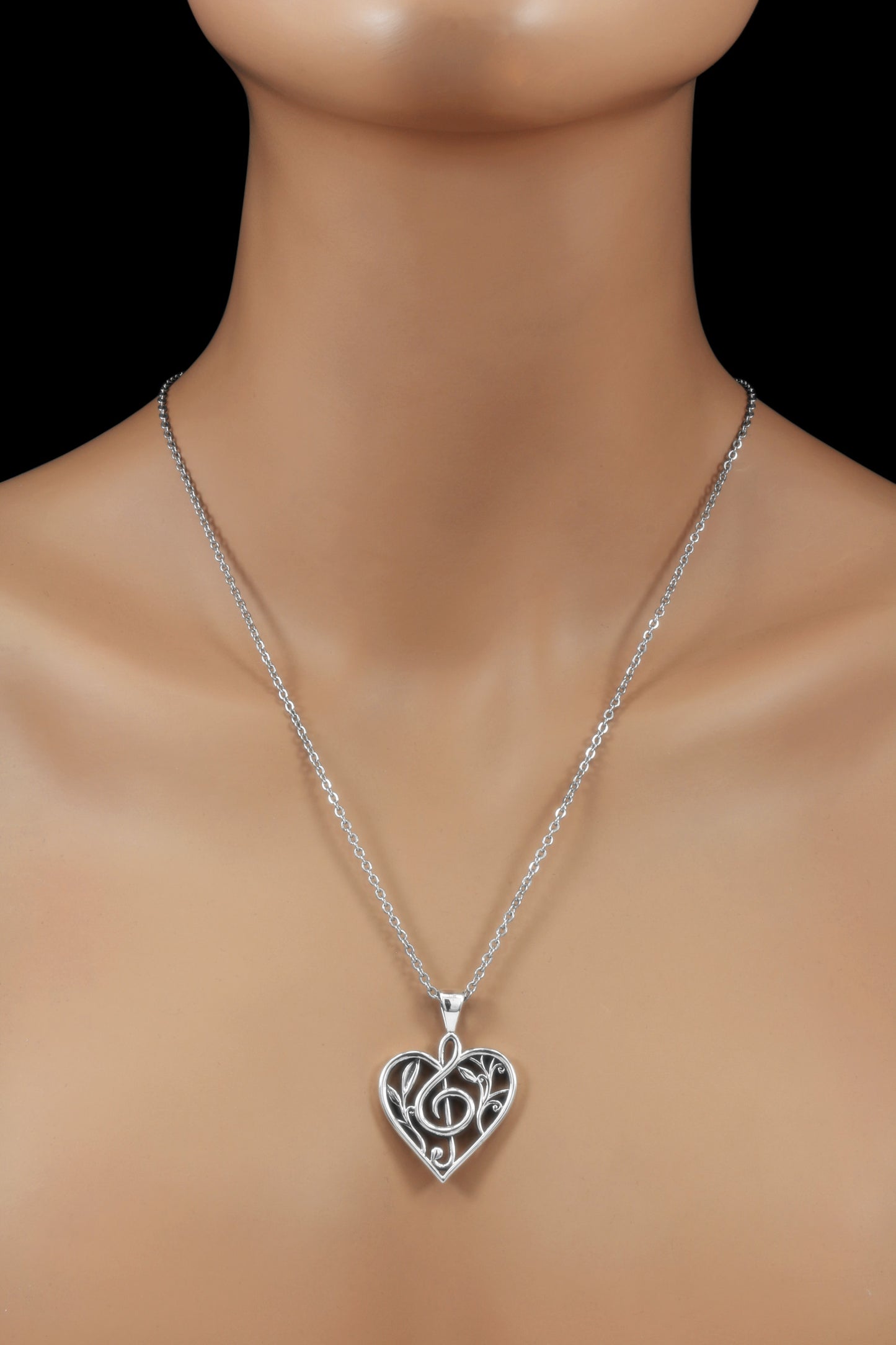 Floral Treble Clef Heart Pendant With 22" Hypoallergenic Cable Chain Necklace