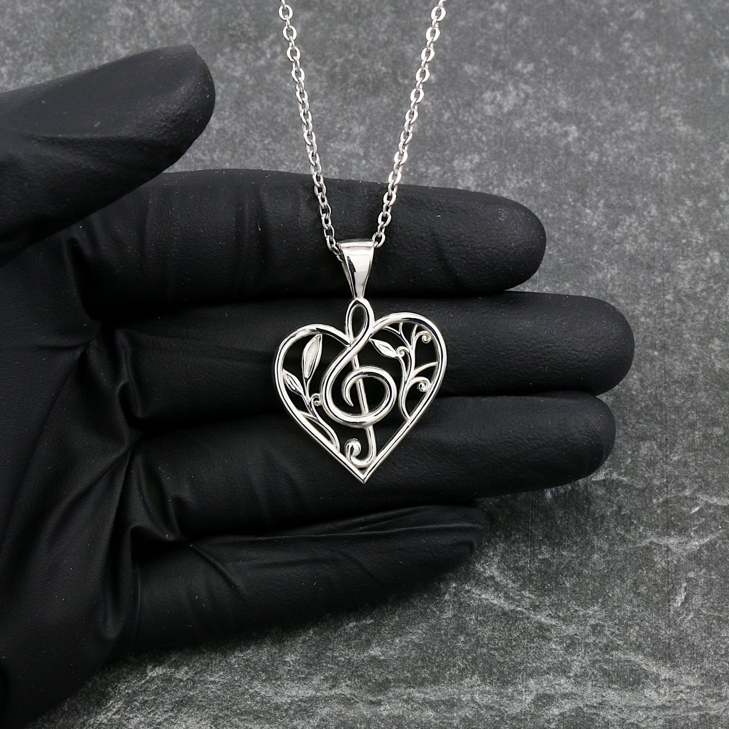 Floral Treble Clef Heart Pendant With 22" Hypoallergenic Cable Chain Necklace