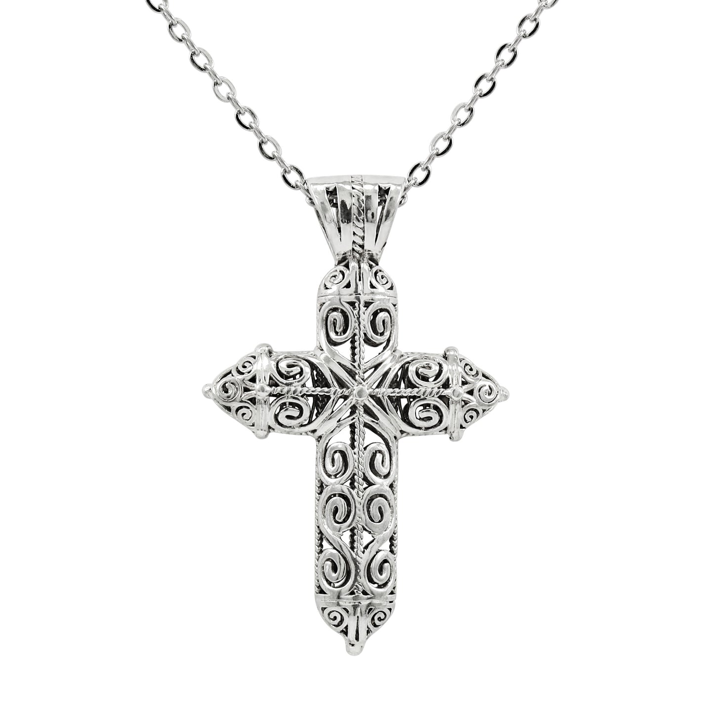 925 Sterling Silver High Scroll Cross Pendant With 22" Hypoallergenic Cable Chain Necklace