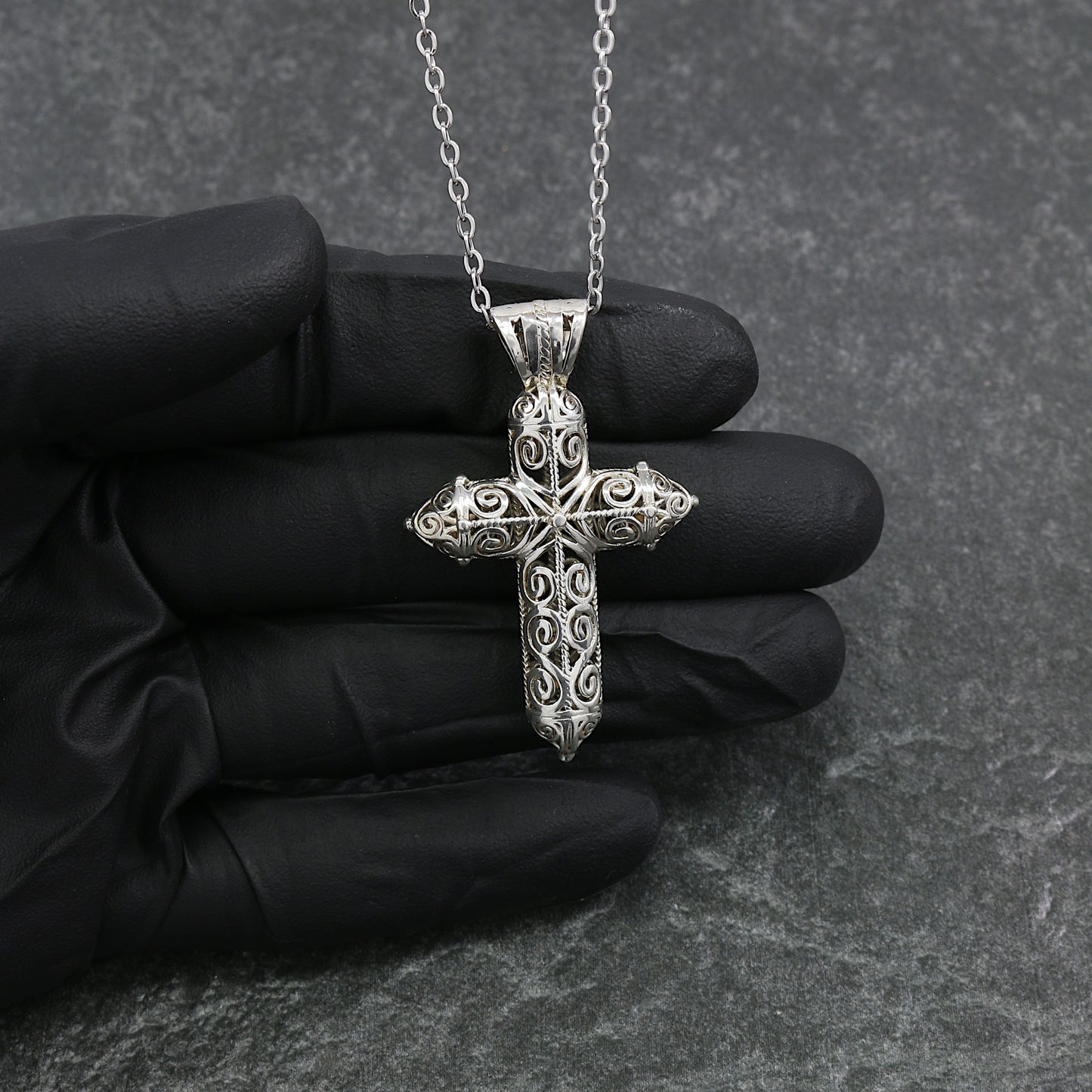 925 Sterling Silver High Scroll Cross Pendant With 22" Hypoallergenic Cable Chain Necklace