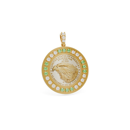 14k Yellow Gold Diamond and Emerald Custom Coin Bezel Pendant