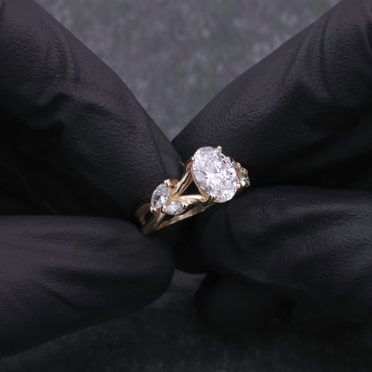 14k Yellow Gold Oval and Marquise Diamond Engagement Ring