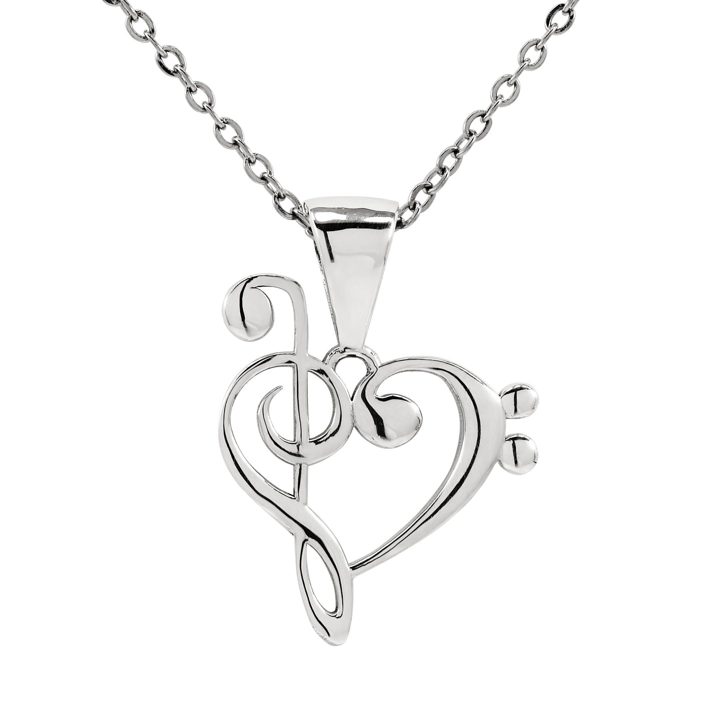 .925 Sterling Silver Treble and Bass Clef Heart Pendant With 22" Hypoallergenic Cable Chain Necklace