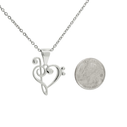 .925 Sterling Silver Treble and Bass Clef Heart Pendant With 22" Hypoallergenic Cable Chain Necklace