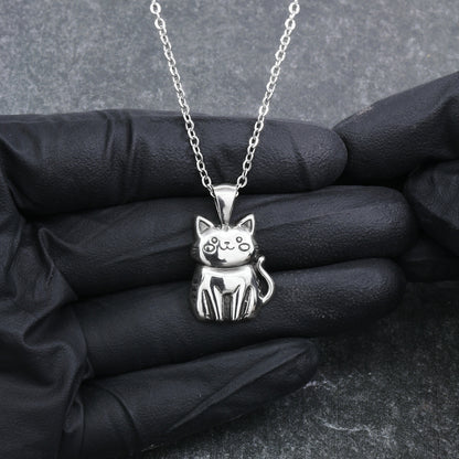 925 Sterling Silver Smiling Cat Pendant With 22" Hypoallergenic Cable Chain Necklace