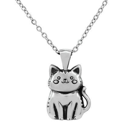 925 Sterling Silver Smiling Cat Pendant With 22" Hypoallergenic Cable Chain Necklace