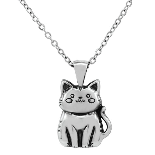 925 Sterling Silver Smiling Cat Pendant With 22" Hypoallergenic Cable Chain Necklace