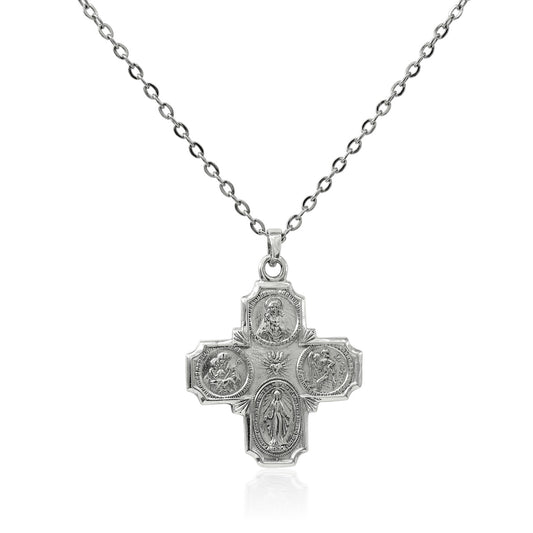 Four Way Medal Cross, Holy Family Cross, or I'm a Catholic Call A Priest Cross Necklace