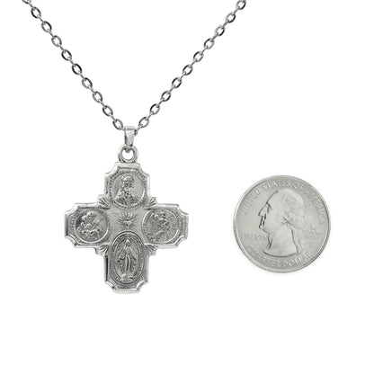 Four Way Medal Cross, Holy Family Cross, or I'm a Catholic Call A Priest Cross Necklace