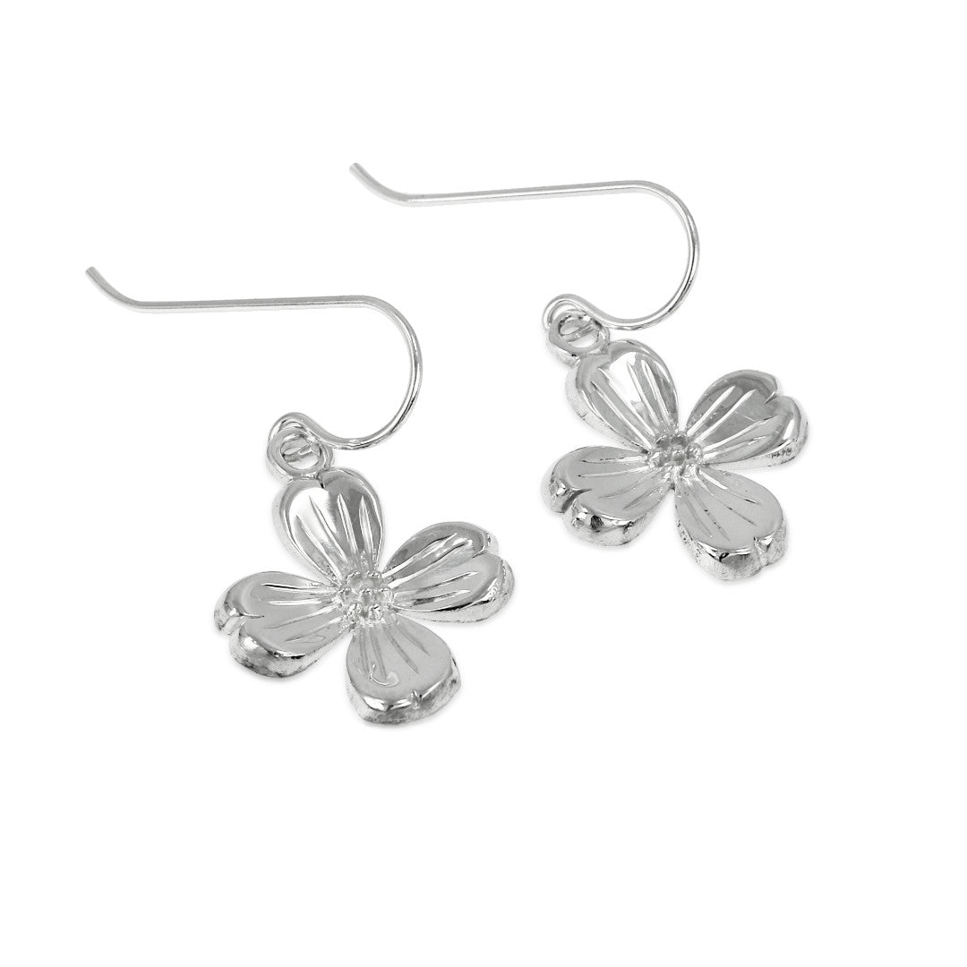 925 Sterling Silver Dogwood Flower Earrings w/ French Wire Hooks