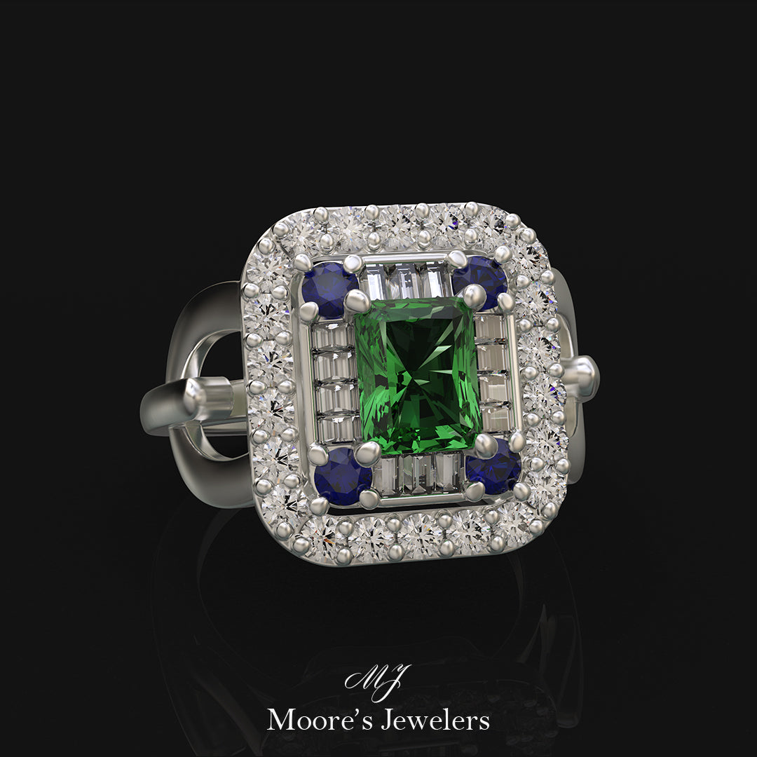 14k Wg Emerald, Sapphire, and Diamond Halo Engagement Ring