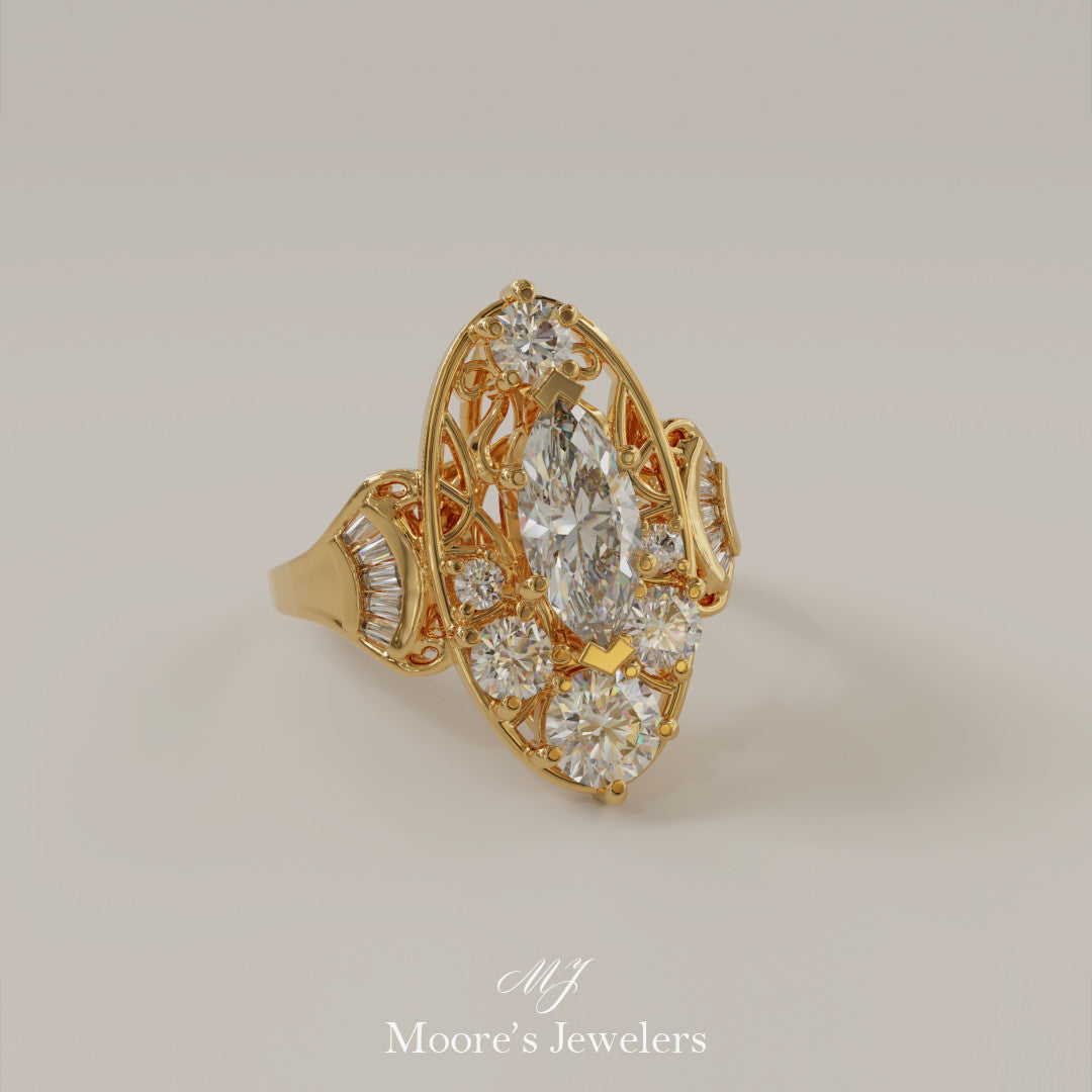 14k Yellow Gold Diamond Scroll High Fashion Ring