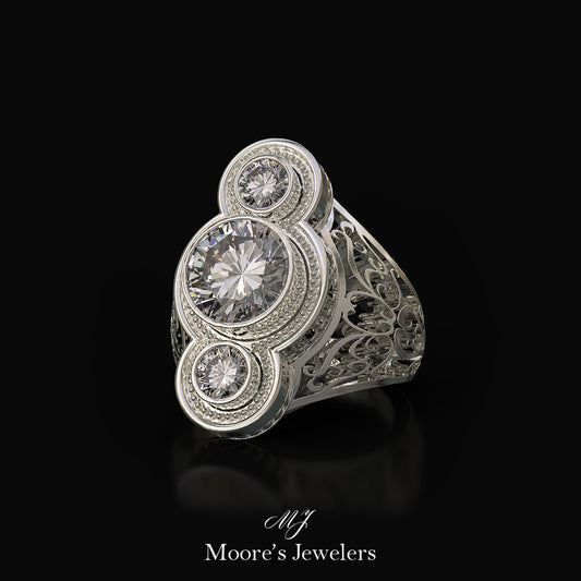 14k White Gold High Fashion Faux Antique Style Diamond Ring